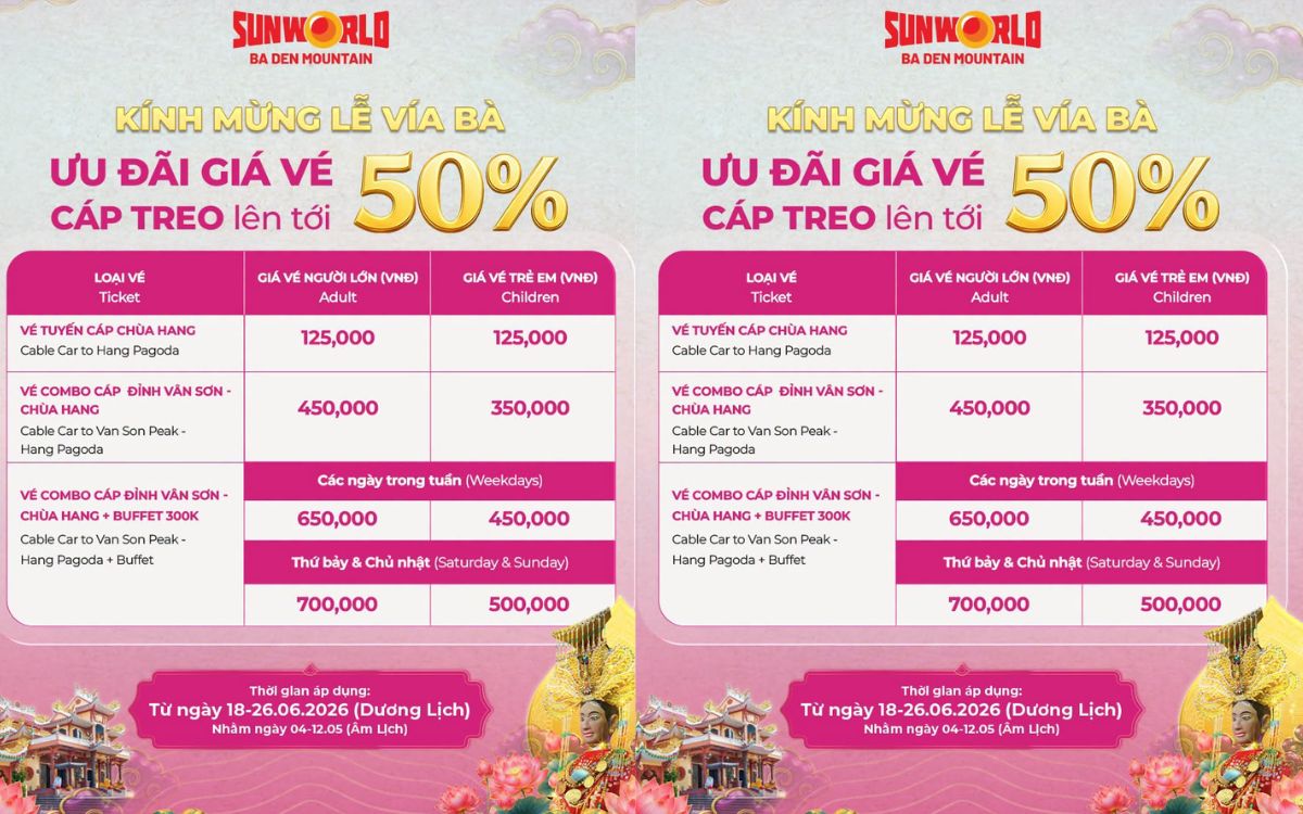 Cáp treo núi Bà Đen giảm hơn 50% kính mừng Lễ Vía Bà